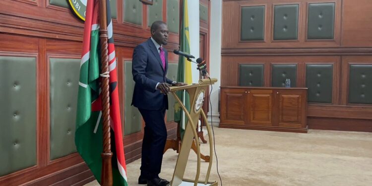 Nairobi Governor Johnson Sakaja speaking at City hall on Thursday, December 5, 2023.Photo/Courtesy