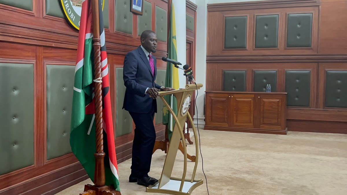 Nairobi Governor Johnson Sakaja speaking at City hall on Thursday, December 5, 2023.Photo/Courtesy