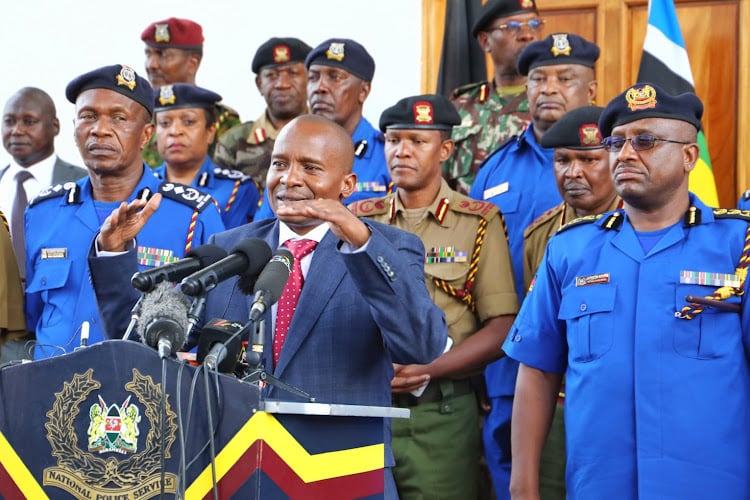 Interior Ministry Cabinet Secretary Kithure Kindiki after holding a consultative meeting with top security commanders led by IG Japet Koome at National Police College- Embakasi ‘A’ Campus, in Nairobi, November 14, 2022.PHOTO/NPS