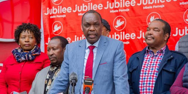 Jubilee party officials led by suspended Secretary General Jeremiah Kioni during a past press briefing.PHOTO/COURTESY