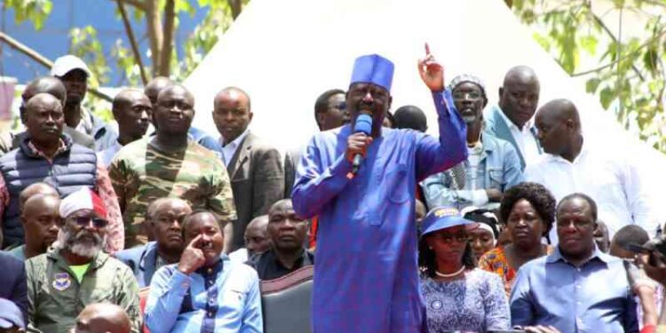 Azimio la Umoja One Kenya Alliance coalition leader Raila Odinga flanked by other leaders of his coalition at Jeevanjee gardens in Nairobi on Wednesday, February 22.PHOTO/COURTESY