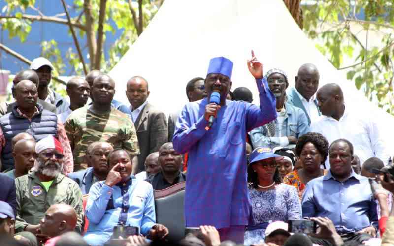 Azimio la Umoja One Kenya Alliance coalition leader Raila Odinga flanked by other leaders of his coalition at Jeevanjee gardens in Nairobi on Wednesday, February 22.PHOTO/COURTESY