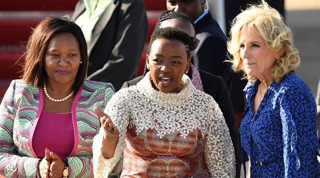 US First Lady Jill Biden and her Kenyan counterpart Rachael Ruto at the Jomo Kenyatta International Airport on Friday, February 24.PHOTO/COURTESY