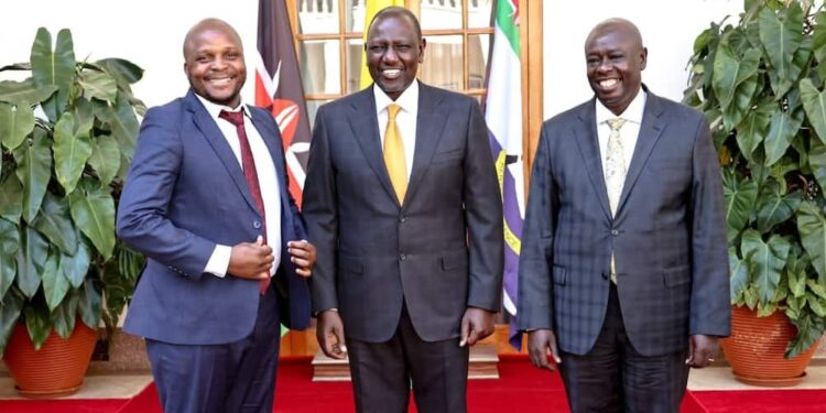 From Left: Lang'ata MP Phelix Odiwuor (Jalang'o), President William Ruto, and Deputy President Rigathi Gachagua at State House. Photo/Courtesy