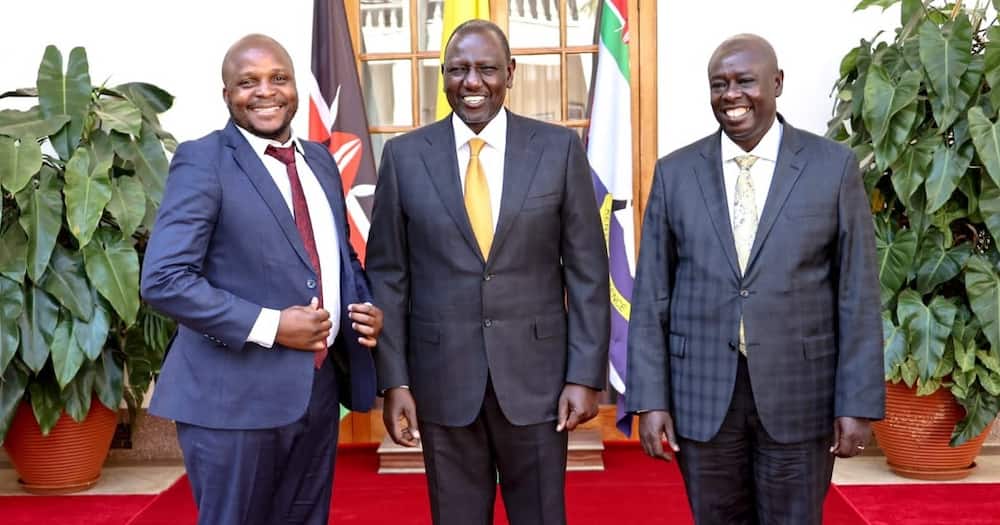 From Left: Lang'ata MP Phelix Odiwuor (Jalang'o), President William Ruto, and Deputy President Rigathi Gachagua at State House. Photo/Courtesy