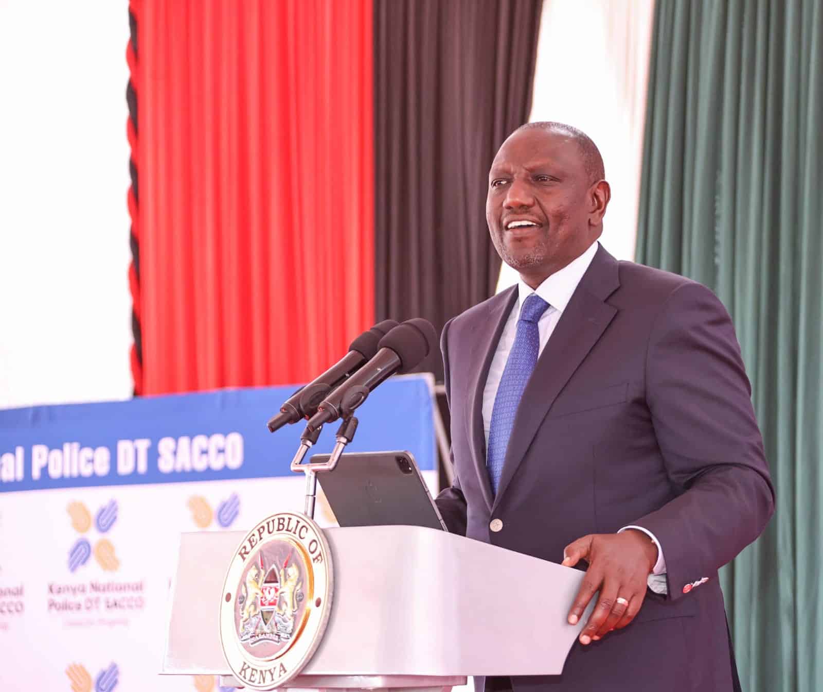 President William Ruto during the Kenya Police Sacco 50th Anniversary Celebrations and opening of Police Sacco Stadium in South C, Nairobi County.Photo/PCS