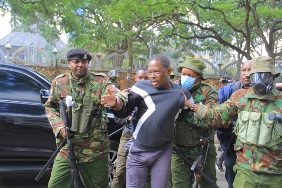 National Minority leader and Ugunja MP Opiyo Wandayi when he was arrested by police at Nairobi's CBD on Monday, March 20 during the Azimio led mass protests.PHOTO/COURTESY