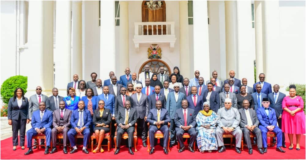 President William Ruto, Deputy President Rigathi Gachagua and Prime Cabinet Secretary Musalia Mudavadi take a group photo with the newly sworn in Chief Administrative Secretaries after they were sworn in at State House on Thursday, March 23.PHOTO/COURTESY