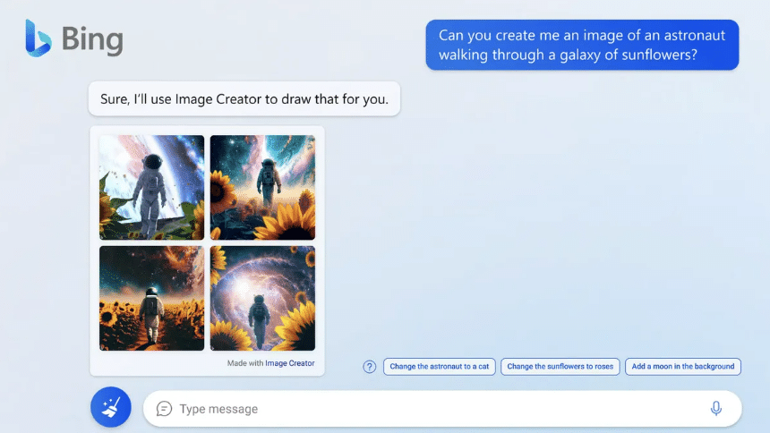 The image creator tool will be integrated with the new Bing, which taps into OpenAI's GPT-4 technology, as well as the Edge browser | Microsoft