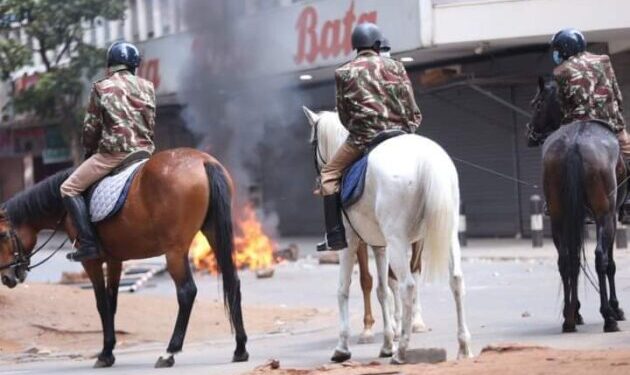 Anti-riot police officers patrol during anti-government demos on Monday.Photo/Courtesy