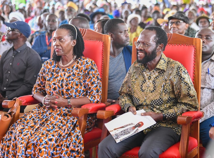 Martha Karua and Kisumu Governor Anyang Nyong'o during the burial of the late mama Grace Onyango in Gem, Nyanza on Friday, March 31.PHOTO/COURTESY