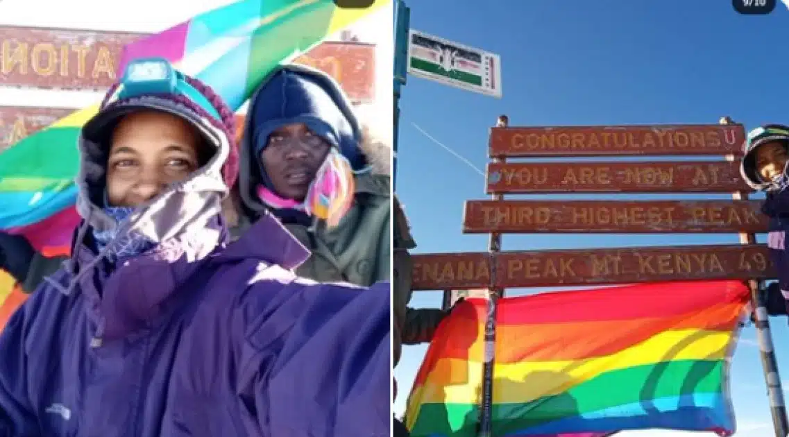Juelz along his friend Alex, the LGBTQ flag on Mt. Kenya: PHOTO/Courtesy