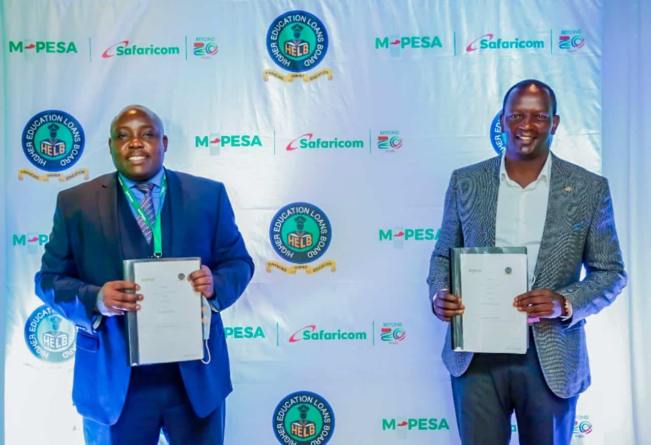 HELB Chief Executive Officer, Charles Ringera (left) and Safaricom Chief Financial Services Officer, Sitoyo Lopokoiyit (right) during the Launch

Photo Courtesy
