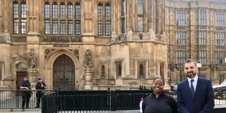 TBIJ reporter Emiliano Mellino and Sybil Msezane outside the House of Lords | TBIJ
