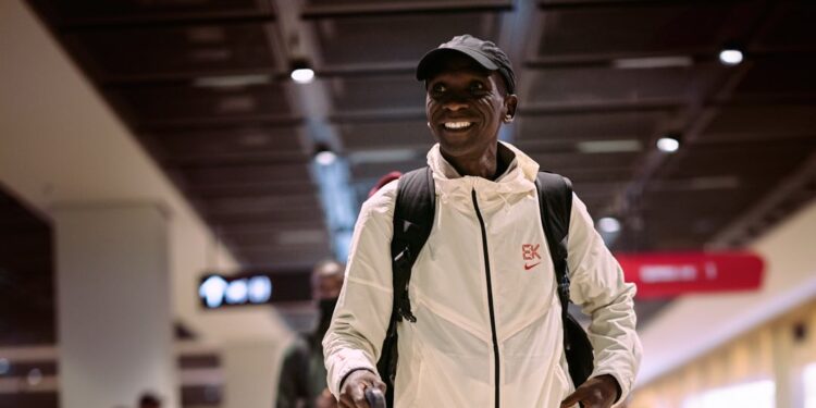 Eliud Kipchoge arrives in Berlin ahead of his race in September 2023.