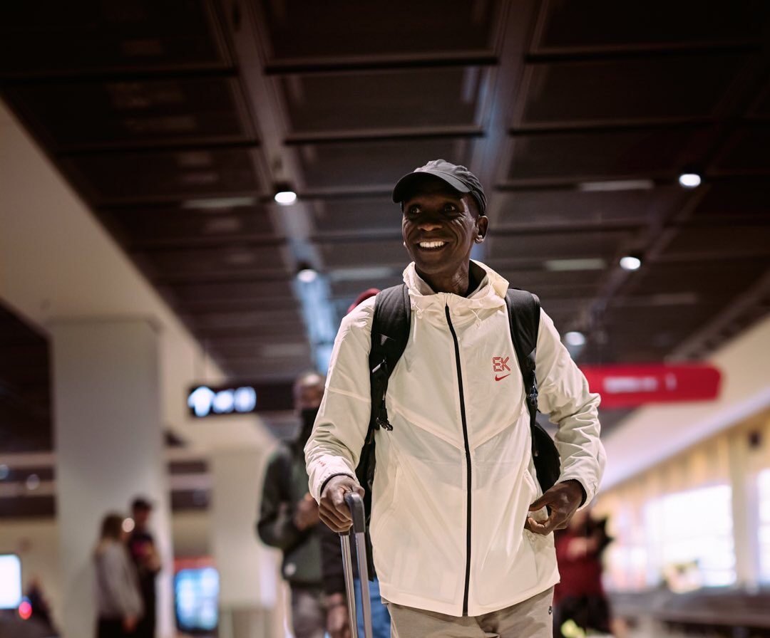 Eliud Kipchoge arrives in Berlin ahead of his race in September 2023.