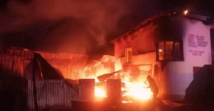 A section of Kisumu Boys High School burns after an outbreak on September 17, 2023.