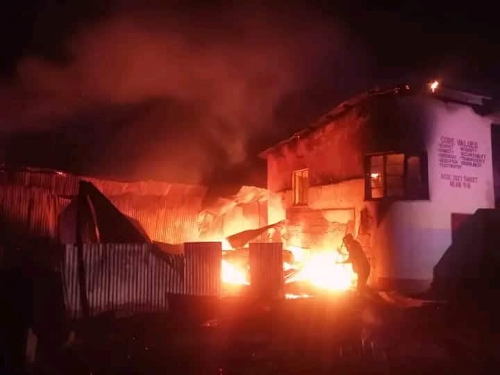 A section of Kisumu Boys High School burns after an outbreak on September 17, 2023.