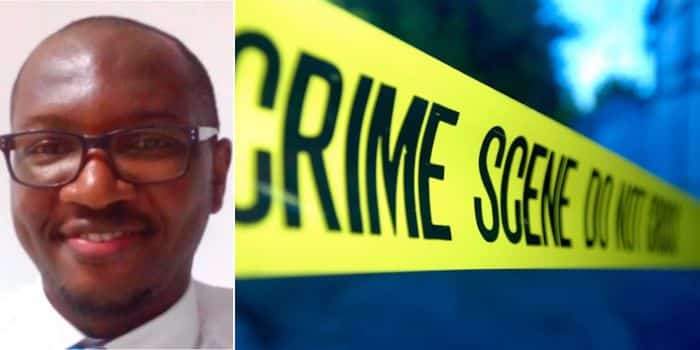 A collage of the late Nairobi Hospital Finance Director Eric Maigo(Left) and a crime scene