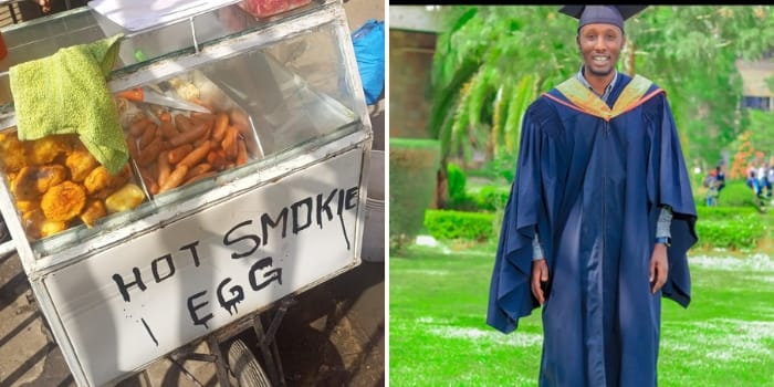 A collage photo of Masao's trolley in Nairobi CBD and a photo of the smokie vendor during his graduation in July 2023.