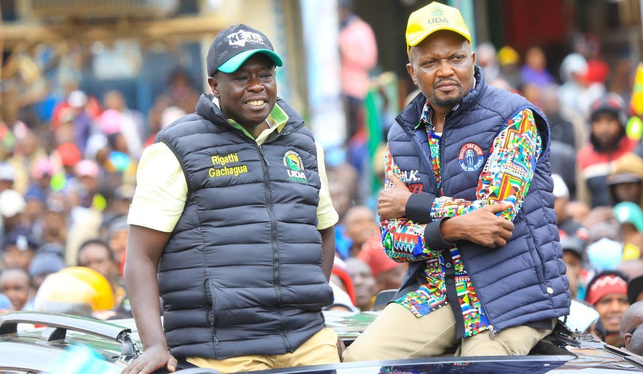 DP Rigathi Gachagua with Trade CS Moses Kuria in a past Kenya Kwanza rally. PHOTO/Courtesy. Limuru 3