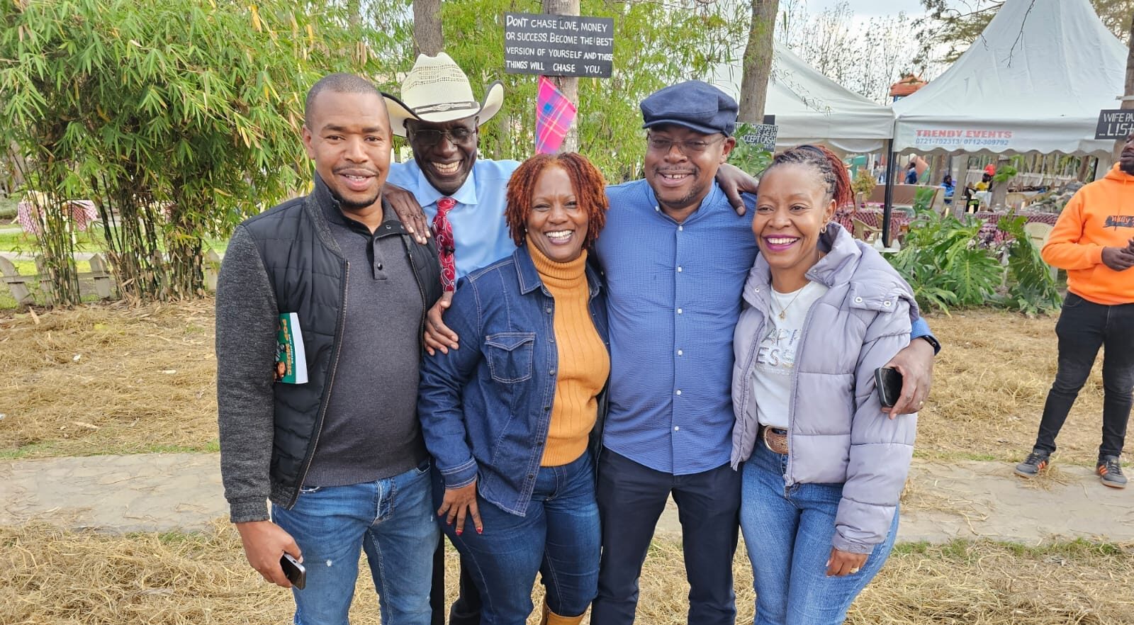 Citizen TV's presenter Fred Machokaa (in a white cap) poses for a photo with colleagues during the celebrations of his 70th birthday at his Isinya farm on Septmber 9, 2023.