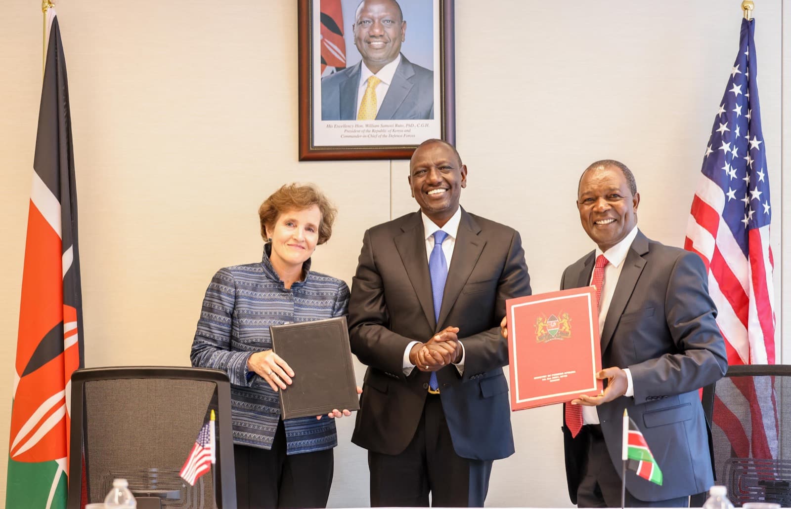 From left: MCC CEO Alice Albright, President Williiam Ruuto and Treasury CS Njuguna Ndungu pose for a photo after signing a Ksh8.7 billion deal in New York on September 20,2023.