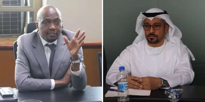 A photo collage of Trade CS Moses Kuria and a representative of Aldar properties which is in Kenya to explore opportunities to invest in the Affordable Housing plan.