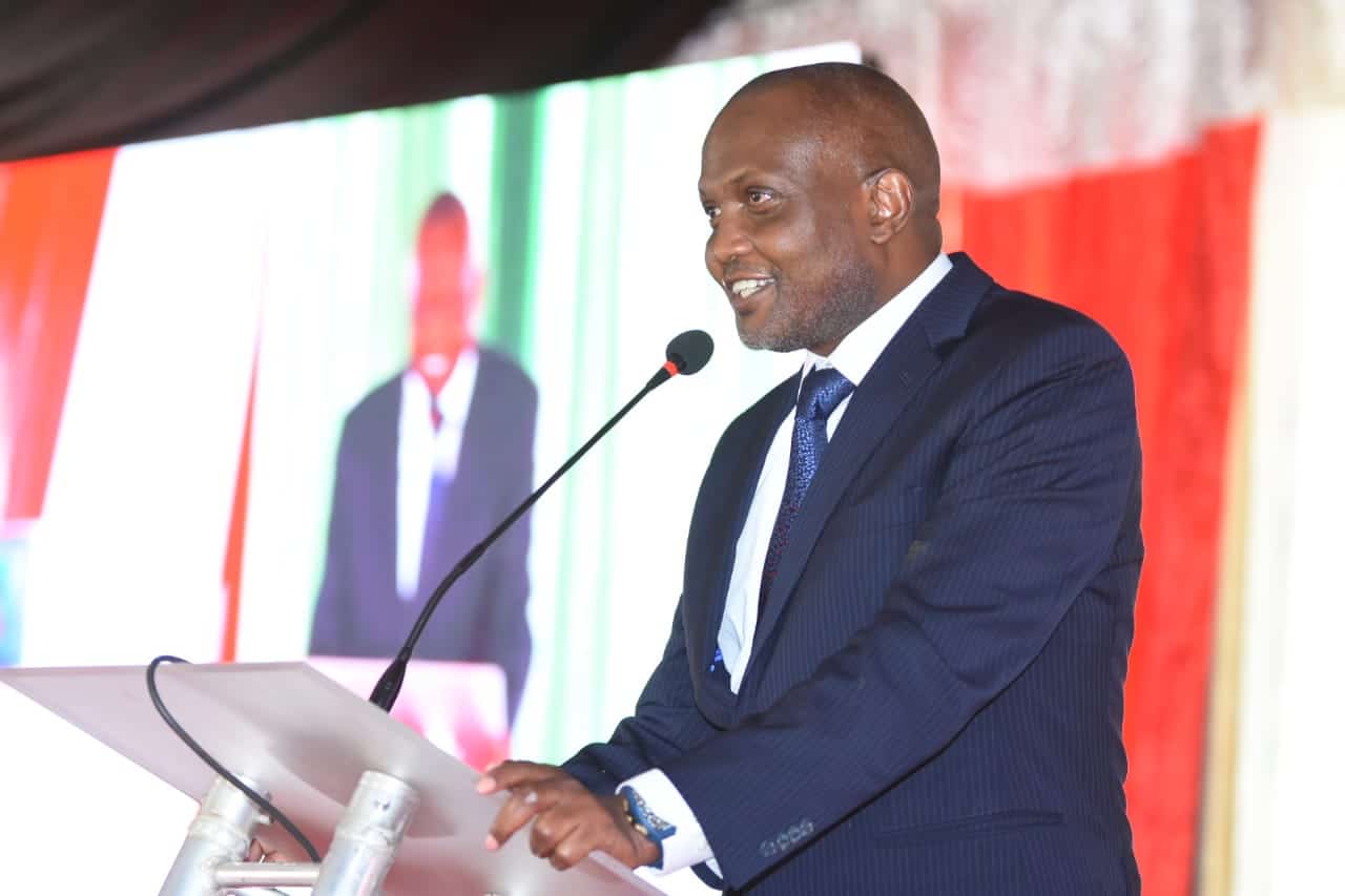 Trade Cabinet Secretary Moses Kuria speaks during the launch of Mama Pima oil dispensers on August 22, 2023.