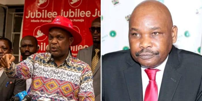 A photo collage of Jubilee Secretary General Jeremiah Kioni addressing the media (left) and a photo Azimio Spokesperson Prof Makau Mutua.