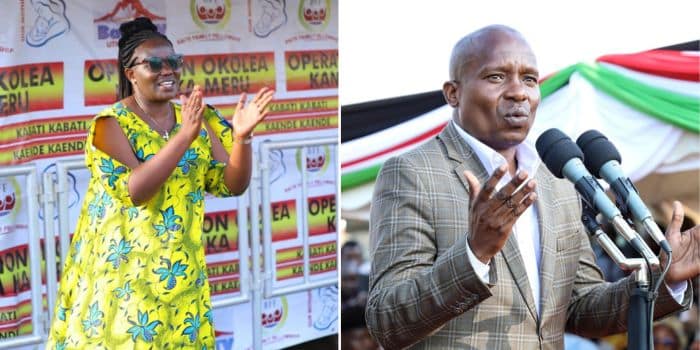 A phot collage of Meru Governor Kawira Mwangaza at a past function (left) and Interior CS Kithure Kindiki.