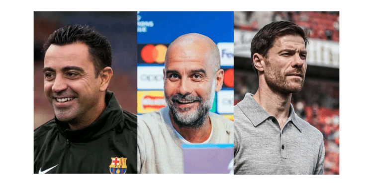 From Left Barcelona Coach Xavi Hernandez, Manchester City Coach Pep Guardiola And Bayern Leverkusen Boss Xavi Alonso. The 3 Coaches Are Unbeaten.