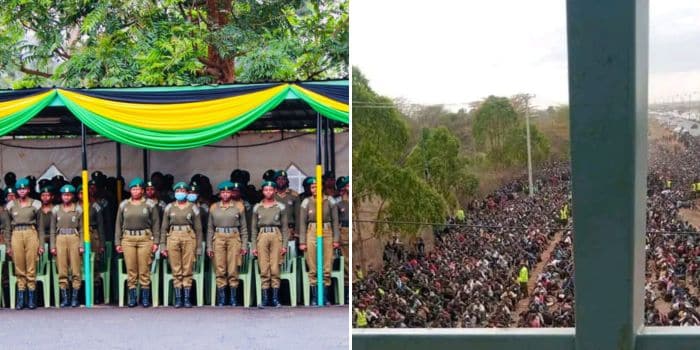 A photo collage of NYS officers in past parade (left) and NYS graduates waiting to particpate in a recruitment exercise on September 18.