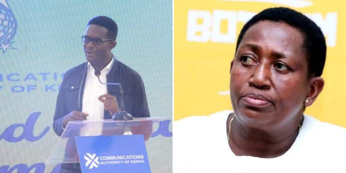 A collage photo of CA's ex-Director General Ezra Chiloba and Chairperson Mary Mungai.