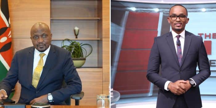 A photo collage of Trade CS Moses Kuria in a past interview with Citizen TV (left) and Citizen TV's news anchor Sam Kituku.