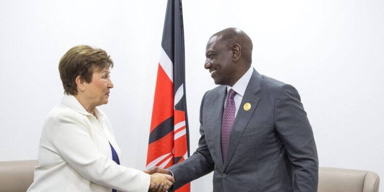 President William Ruto (right) and IMF Managing Director Kristalina Georgieva shake hands in a past meeting.