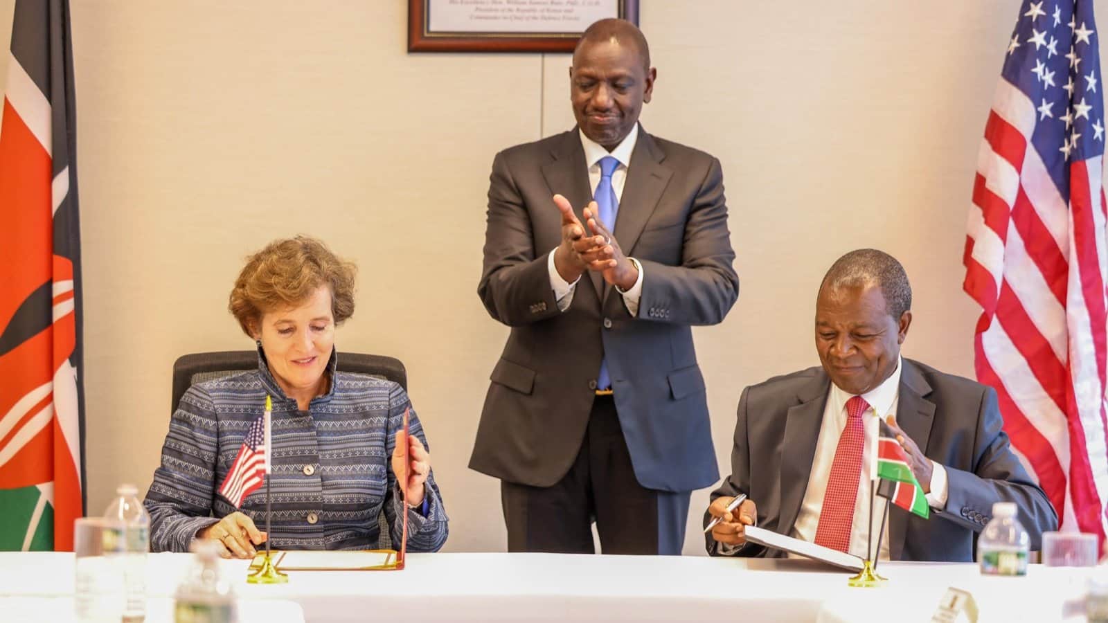 President William Ruto (center) witnesses the signing of Ksh8.7 funding deal for the BRT project in New York on September 20, 2023.