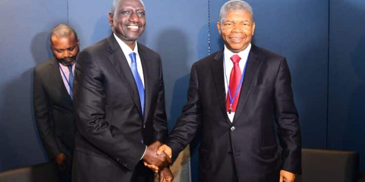 President William Ruto (left) shakes hands with Angolan President Joao Lourenco during a meeting in New York in Se[ptember 2023.