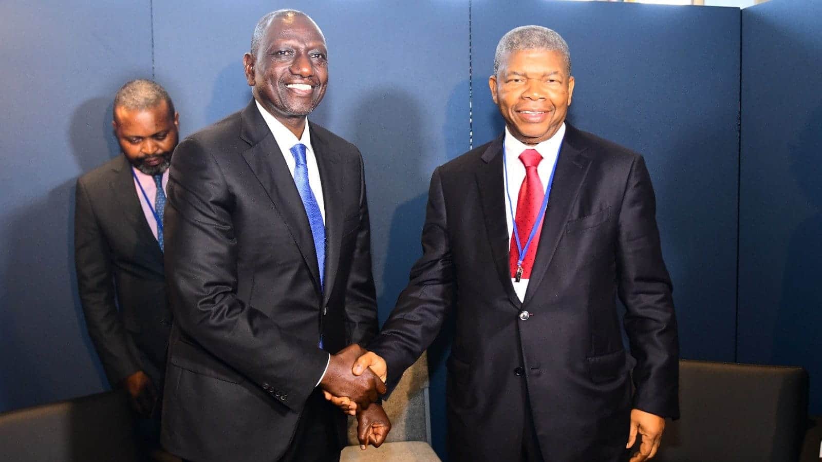 President William Ruto (left) shakes hands with Angolan President Joao Lourenco during a meeting in New York in Se[ptember 2023.