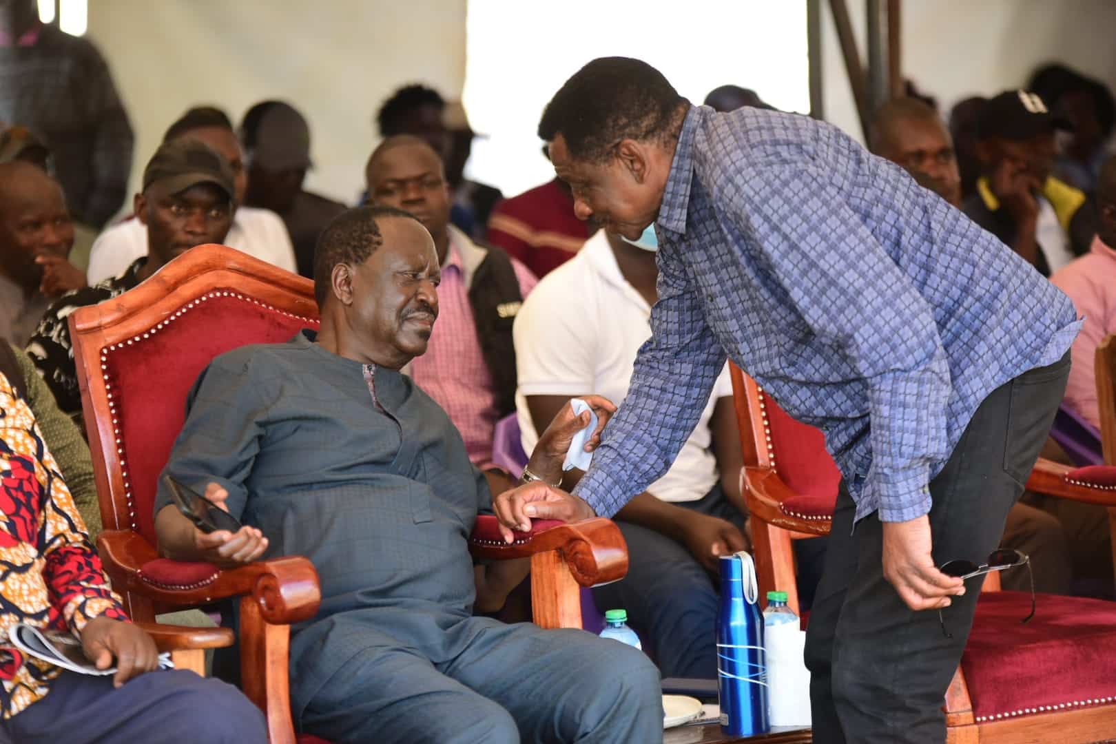 ODM Leader Raila Odinga (sitting) consults with Siaya Governor James Orengo in a past function.