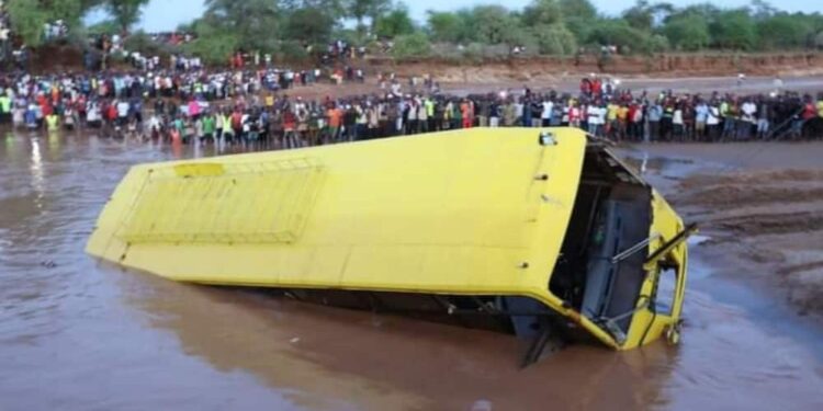The bus that plunged into Enziu River. PHOTO/Courtesy.