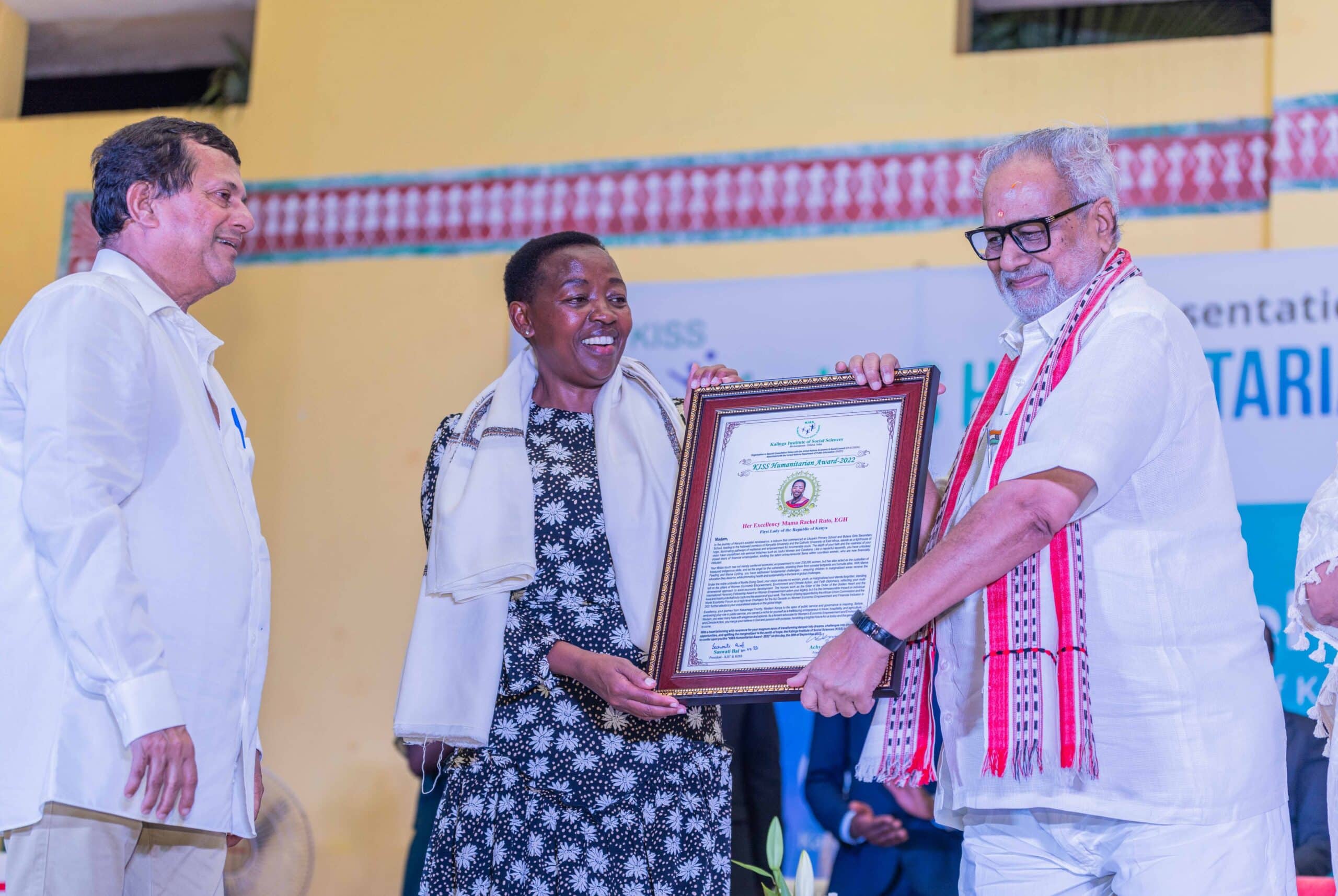 First Lady Rachel Ruto (center) receives the KISS Humanitarian Award 2022 in India on September 30, 2023.