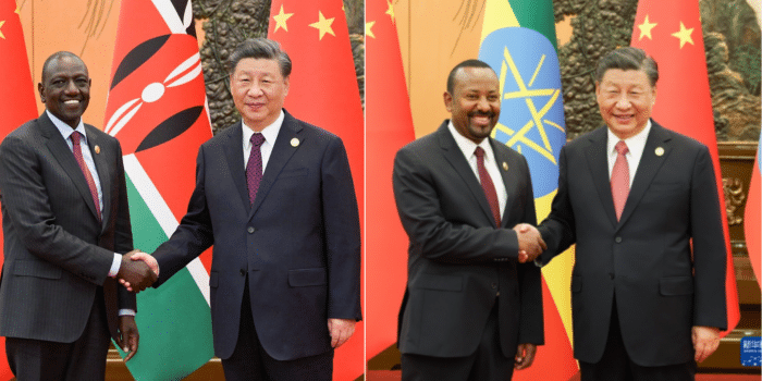 A collage of Chinese President Xi Jinping with his Kenyan counterpart William Ruto (left) and Ethiopian Prime Minister Abiy Ahmed.