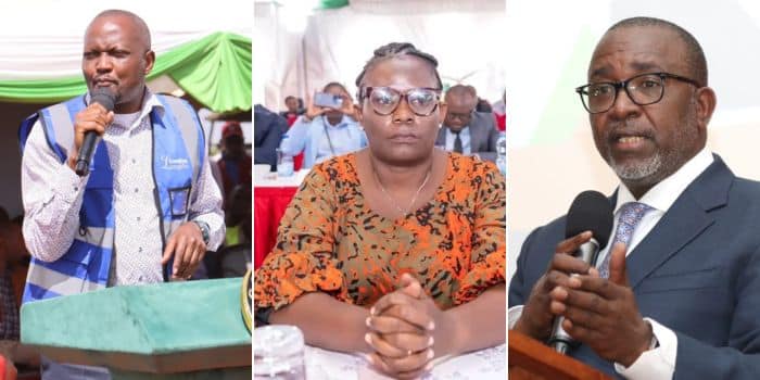A photo collage of Trade CS Moses Kuria (left), Meru Governor Kawira Mwangazza (center) and Agriculture CS Mithika Linturi.