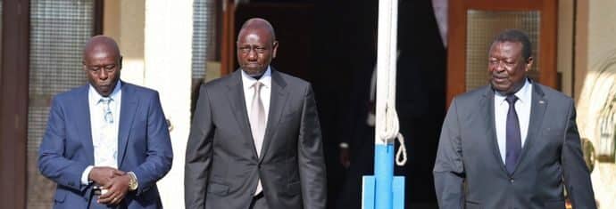President William Ruto (center) takes a stroll at Sagan State Lodge with DP Rigathi Gachagua and Prime Cabinet Secretary Musalia Mudavadi.