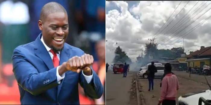 A photo collage of Governor Johnson Sakaja and a photo of the chaos witnessed in Burma Market.