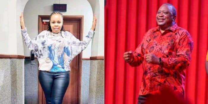 A photo collage of former President Uhuru Kenyatta dancing at a past function (right0 and Kameme FM presenter Muthoni wa Kirumba.