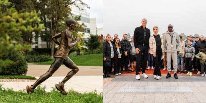 A photo collage of Eliud Kipchoge's statue in Oregon USA and a photo of Kipchoge during the launch of a track in the Netherlands.