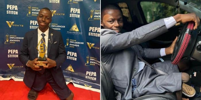 A photo collage of Kennedy Rioba appearing for a past awards ceremony (left0 and a photo of him in his new car.