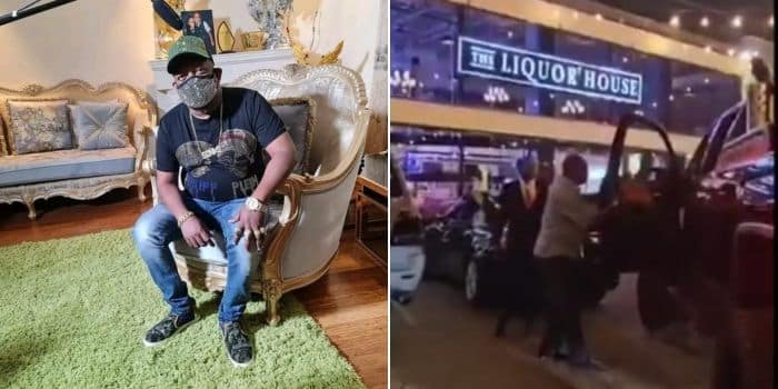 A photo collage of former Nairobi Governor Mike Sonko and a screengrab of a video showing him arriving a t a liqour store in Nairobi.